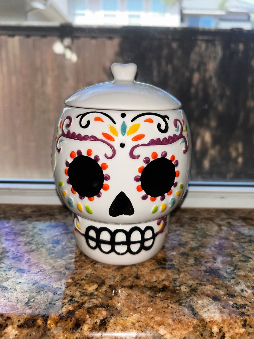 Day of the Dead Ceramic Skull Jar woth green painted interior